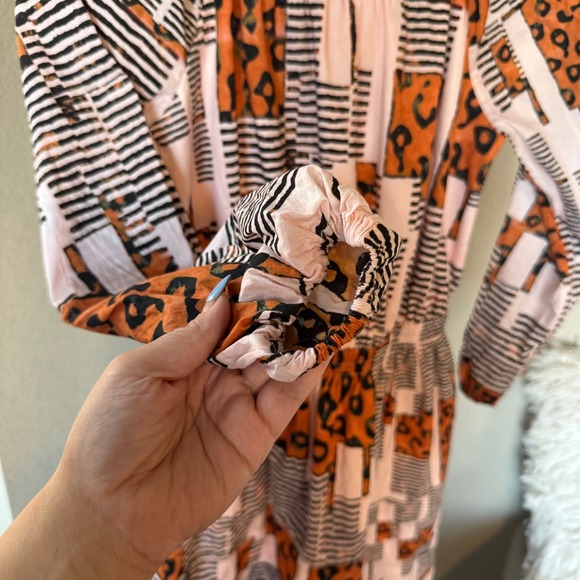 BURU Mini Dress Leopard Print‎ Long Sleeve Elastic Waist Pink Womens M Cotton - Picture 4 of 8